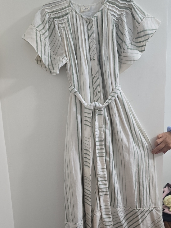 Mirth Dresses & Skirts - Button-Front White Maxi Dress with Sage Stripes and Self-Tie Waist